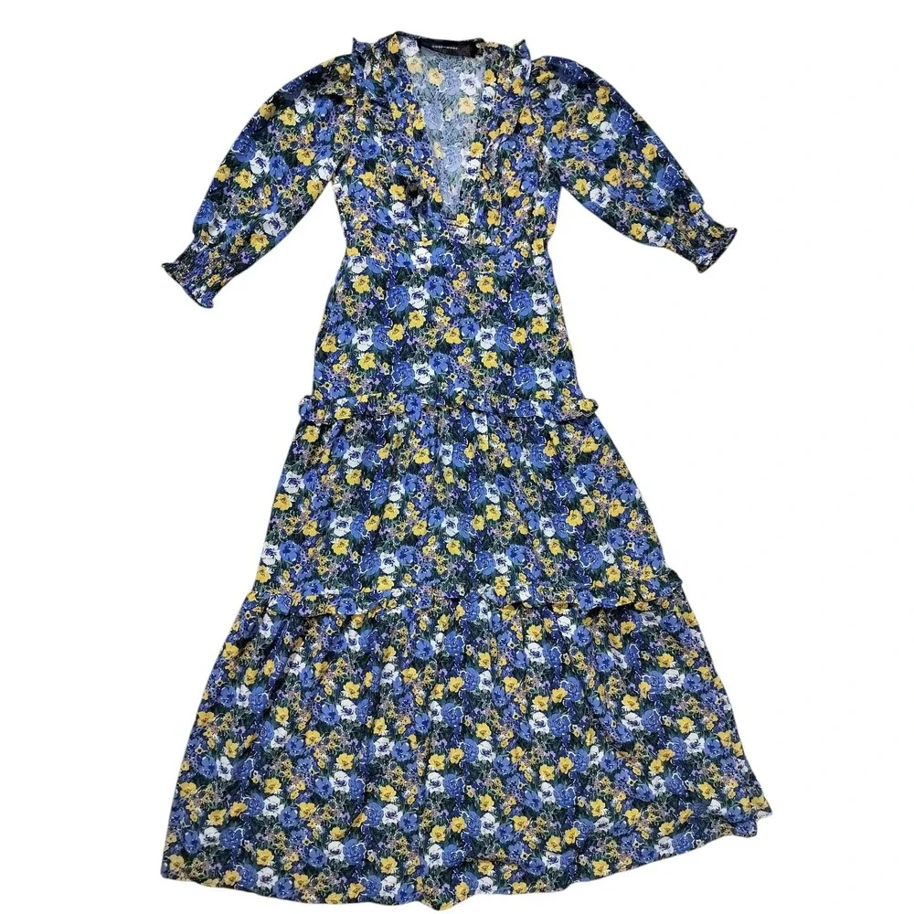 Code x Mode Women's‎ Blue Yellow Ruffle Tiered Floral Casual Maxi Dress Size S